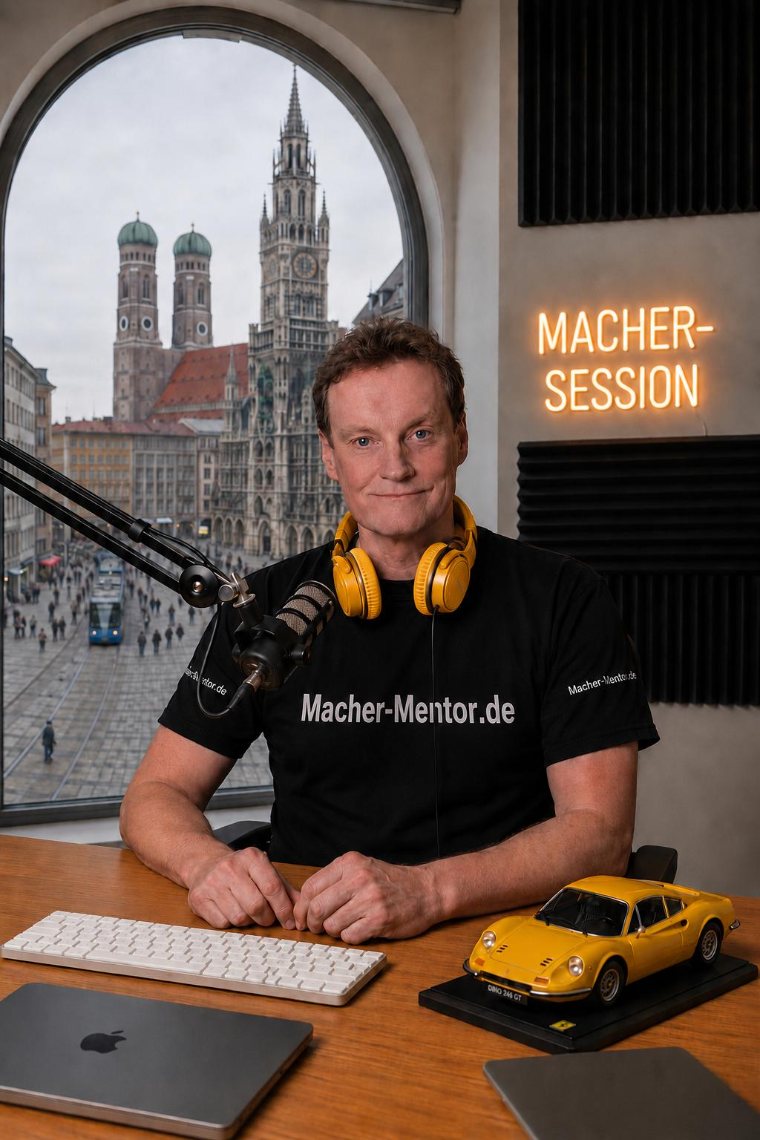 Joe Martin in der Macher-Session — Podcast-Studio mit Blick auf Frauenkirche und Marienplatz