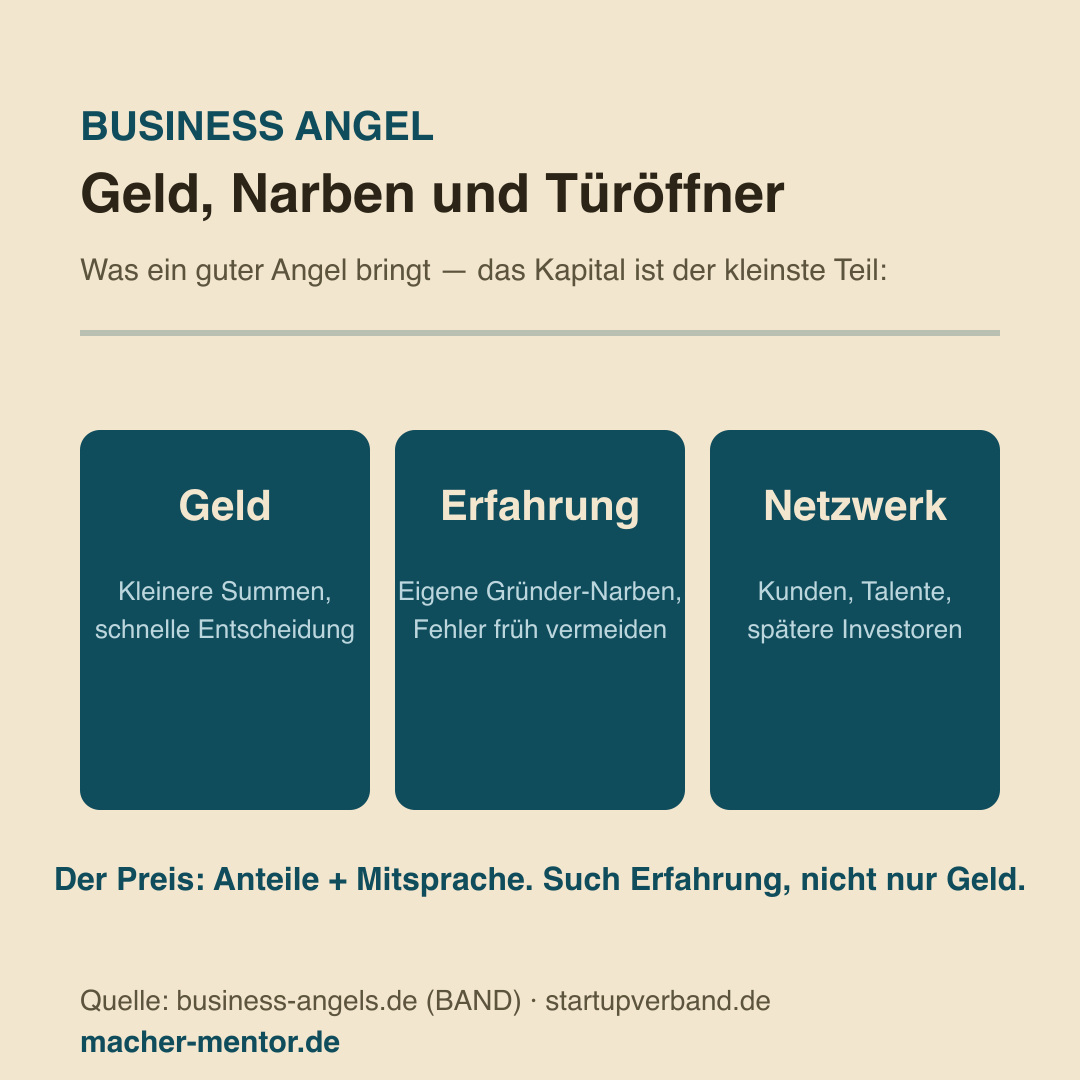Infografik: Business Angel — bringt Kapital, Erfahrung und Netzwerk; erwartet Anteile, Beweise und Vertrauen; Wege zur Suche über Netzwerke und Pitch-Events