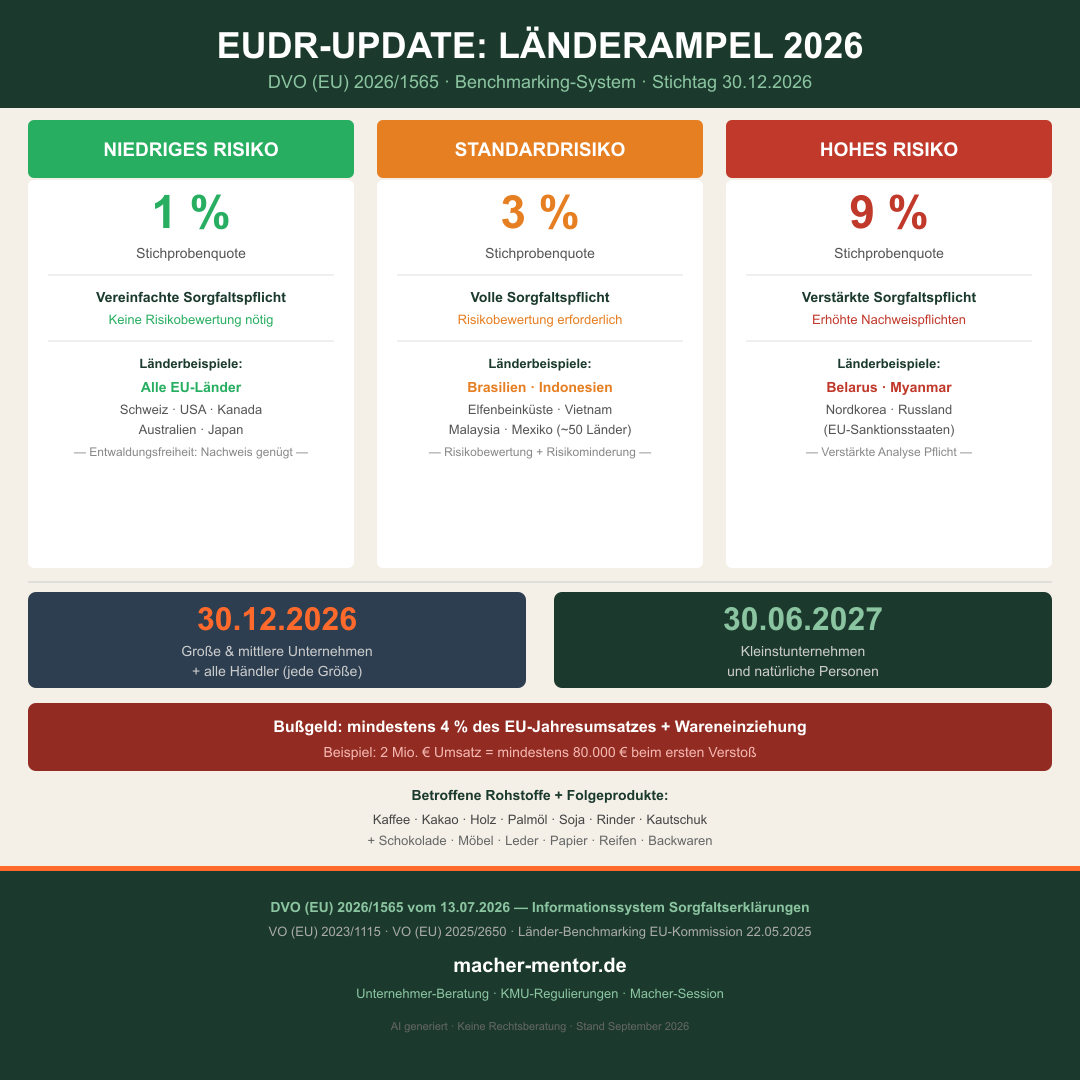 Infografik EUDR-Update: Drei-Spalten-Länderampel — Niedriges Risiko 1%, Standardrisiko 3%, Hohes Risiko 9% Stichprobenquote. Stichtage 30.12.2026 und 30.06.2027. Betroffene Länder und Rohstoffe.