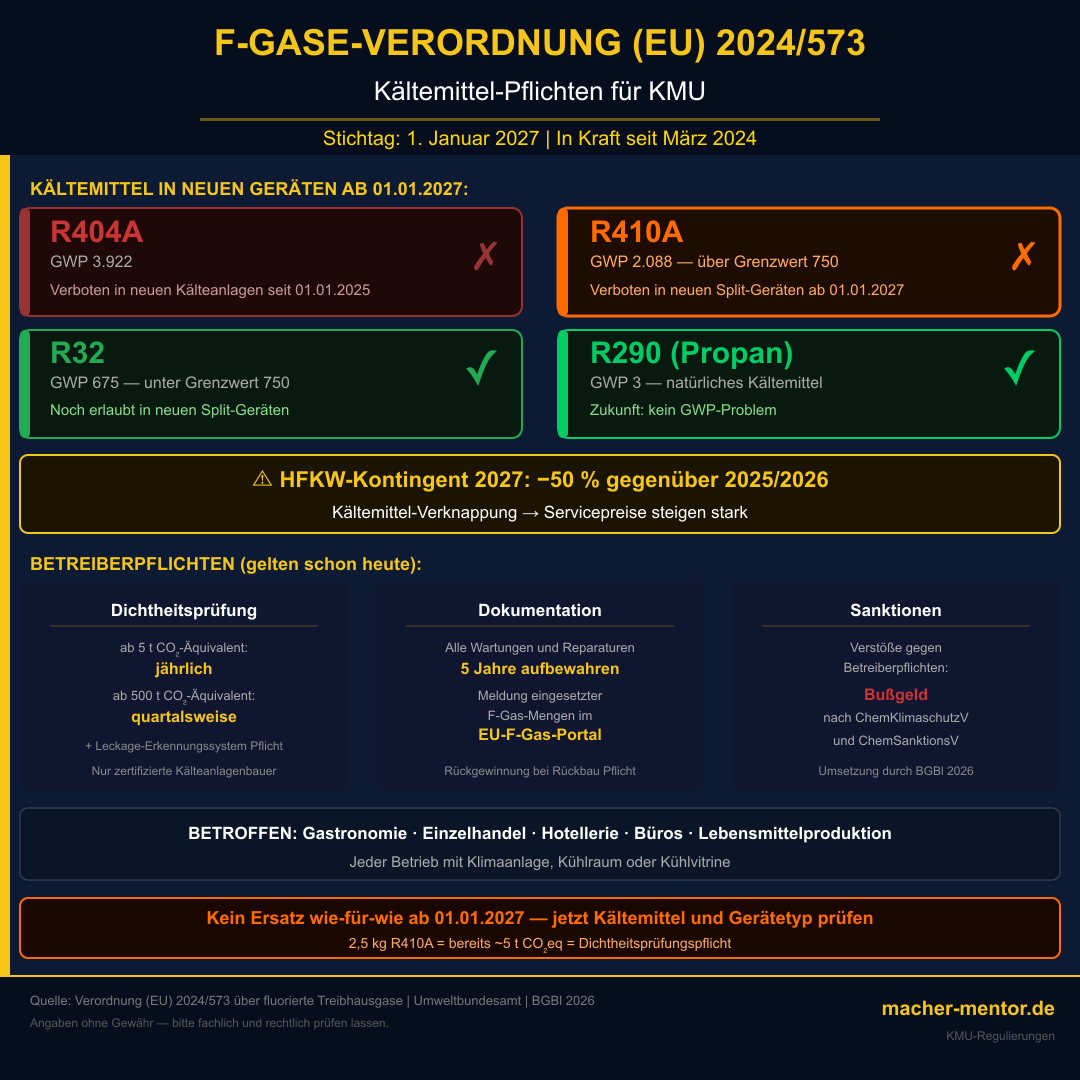 Infografik F-Gase-Verordnung (EU) 2024/573: Kältemittel-Statusvergleich R404A, R410A, R32, R290 plus Betreiberpflichten auf tiefblauem Hintergrund mit gelbem Akzent