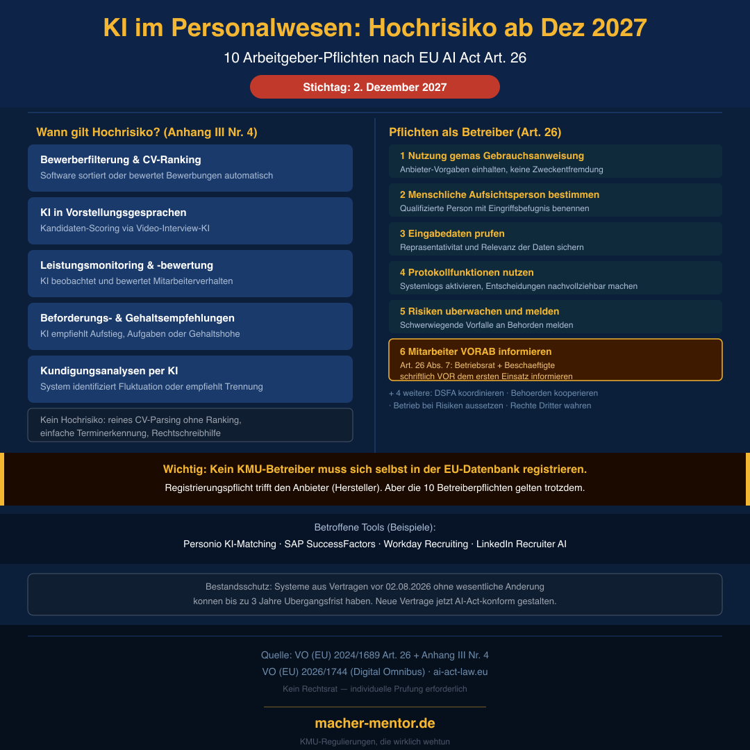 Infografik EU AI Act Hochrisiko-KI im Personalwesen: Zweispaltige Übersicht zeigt links die Hochrisiko-Auslöser (Bewerberfilterung, Leistungsmonitoring, Beförderungsempfehlungen) und rechts die 10 Betreiberpflichten nach Art. 26, darunter hervorgehoben: Mitarbeiter und Betriebsrat vor dem Einsatz informieren. Stichtag: 2. Dezember 2027.